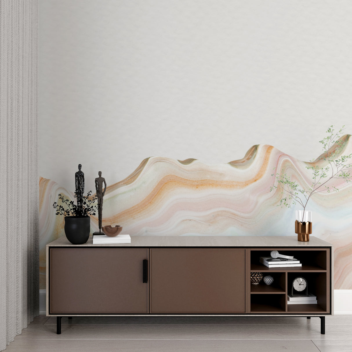 Pastel marble wave mural in bright bedroom setting with minimal furniture