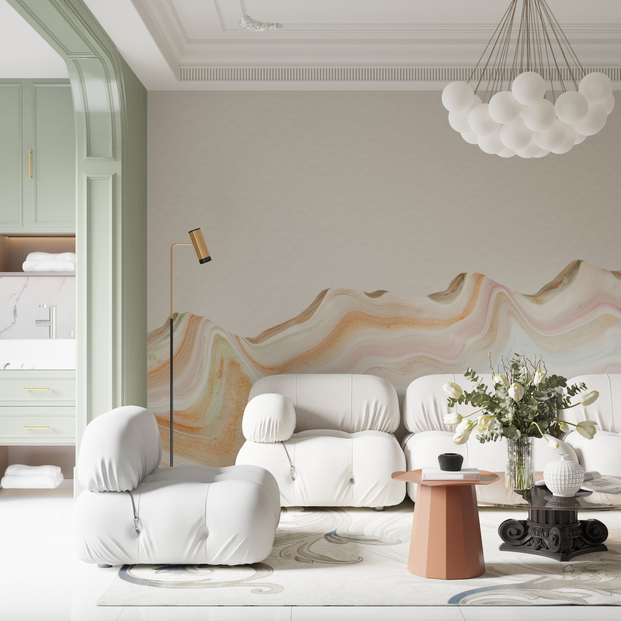 Abstract marble wallpaper featuring soft waves in dining room setup