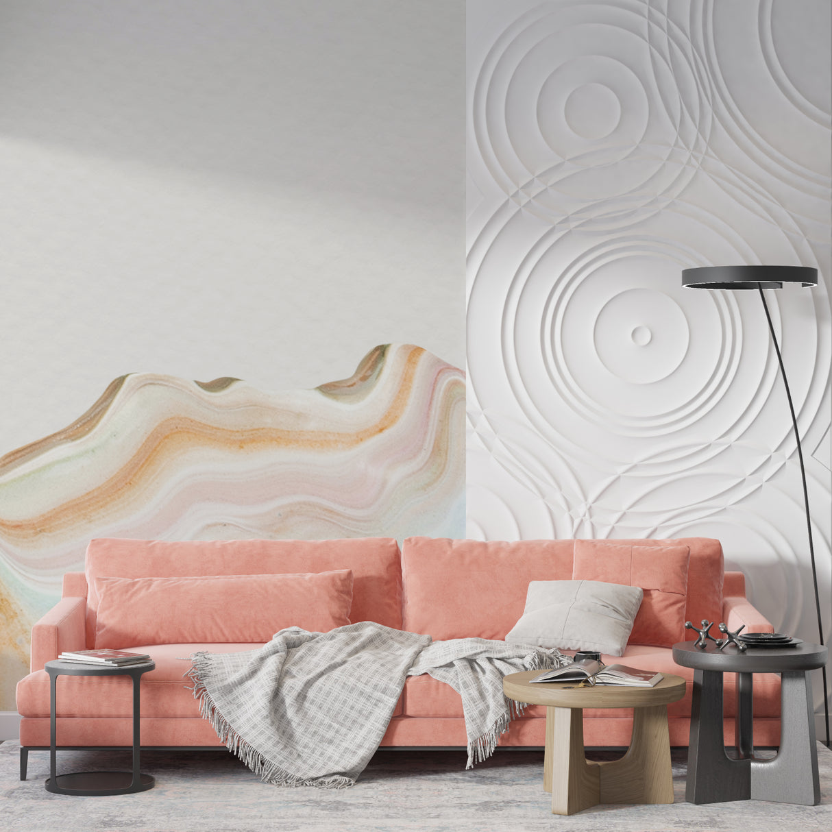 Marble wave wallpaper creating calm atmosphere in meditation room