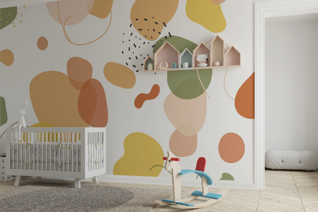 Children's bedroom featuring soft pastel abstract wallpaper with organic shapes