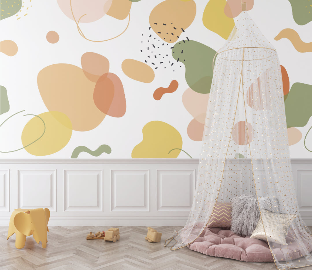 Playroom showcasing abstract wallpaper with floating pastel shapes and gentle lines