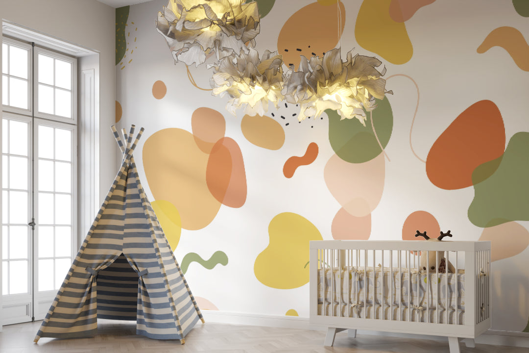 Baby room with modern abstract wallpaper in soothing pastel tones