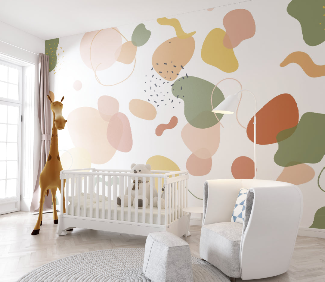 Reading nook with contemporary abstract shapes wallpaper in soft colors