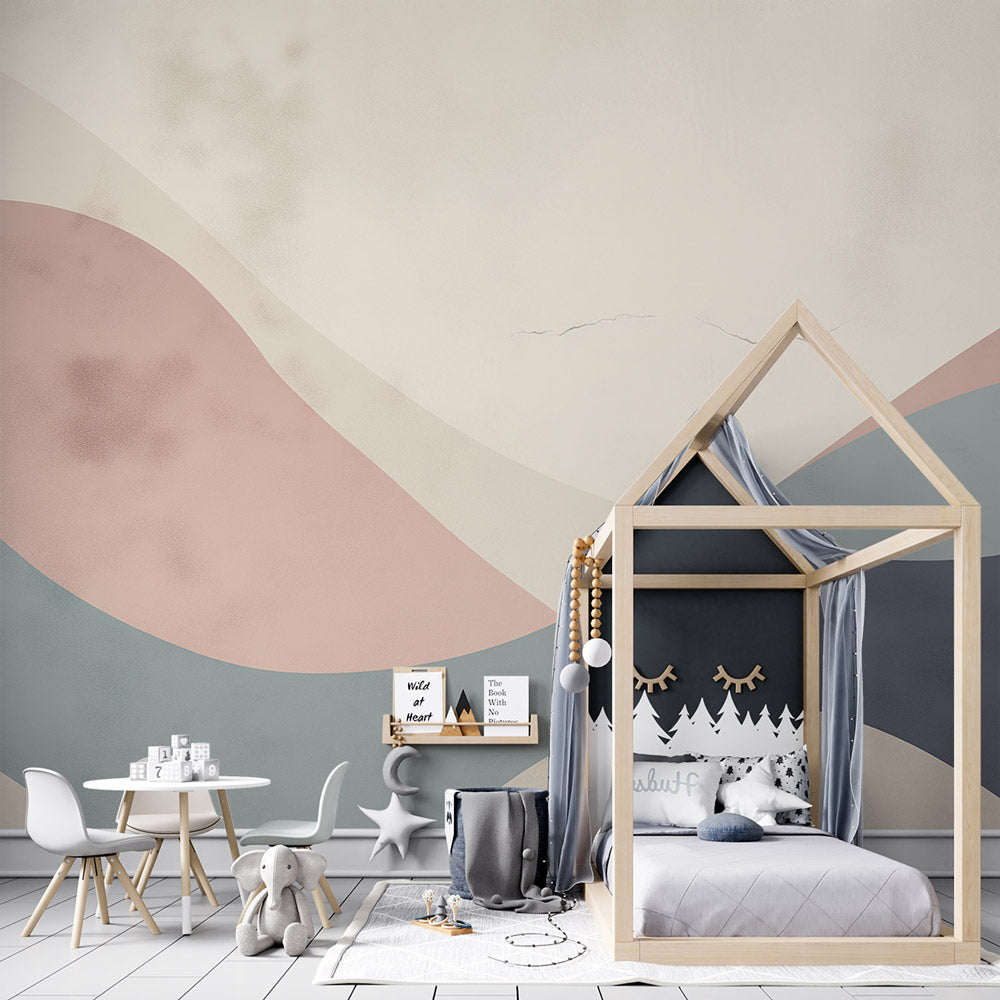 Abstract wave wallpaper in modern bedroom showing soft pastel tones and flowing design