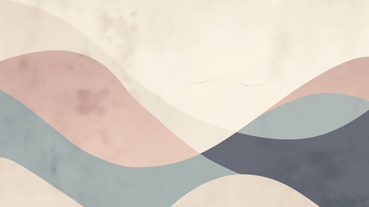 Soft pastel wave mural creating calm atmosphere in minimalist living room