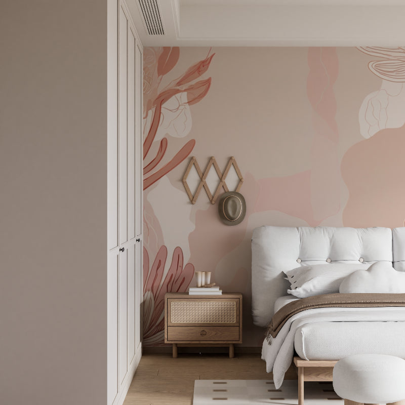 Abstract floral wall mural bringing soft pink tones to a contemporary bedroom setting