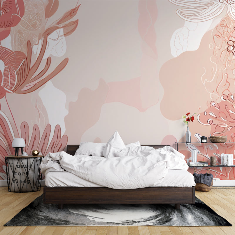 Pink abstract floral mural adding elegance to a dining room with natural light