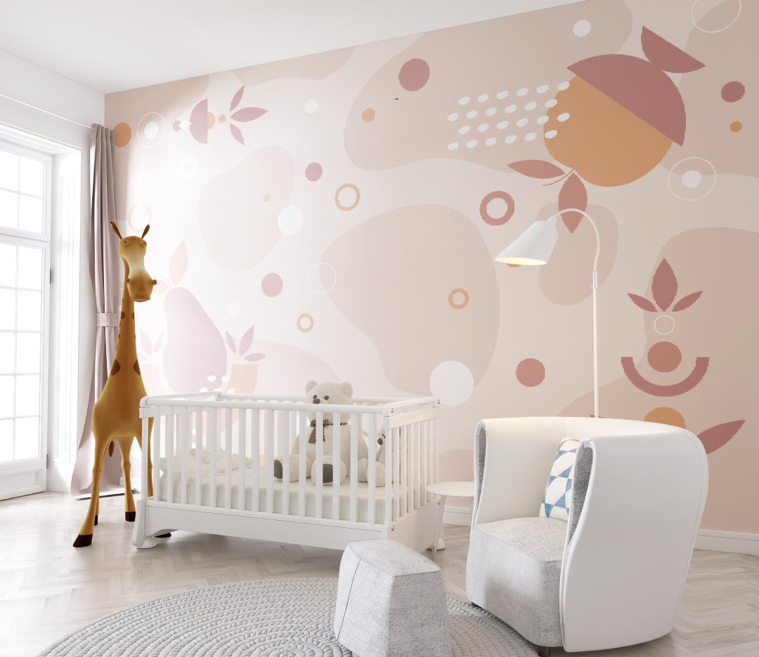 Pink geometric nursery wallpaper in modern baby room with white crib and natural light