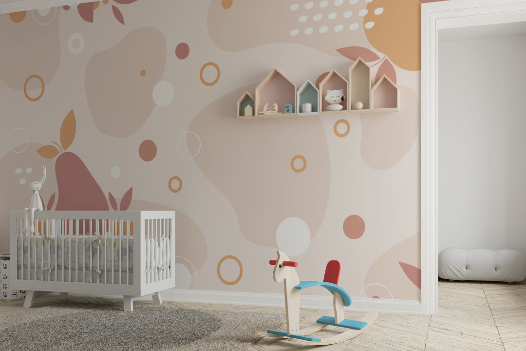 Soft pink geometric wallpaper in minimalist nursery with rocking chair