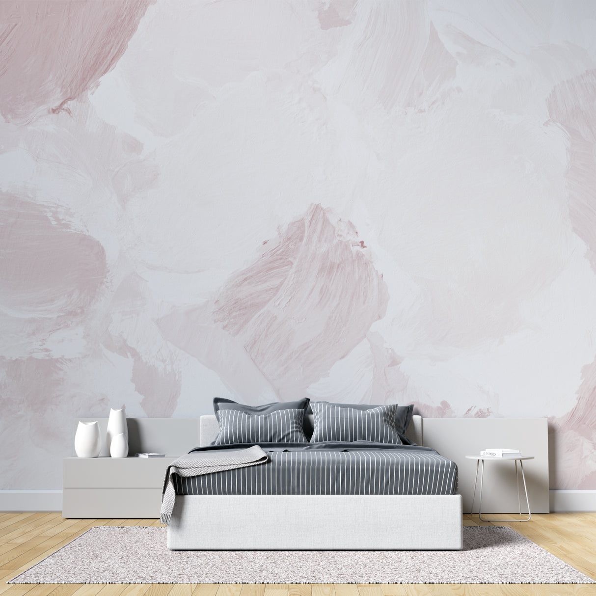 Pink abstract watercolor wallpaper in a bright modern living room setting, creating a peaceful atmosphere