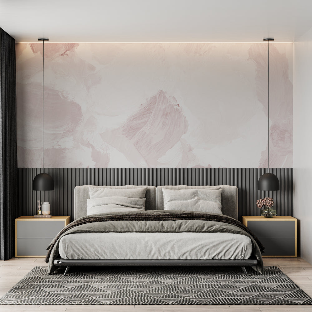 Soft pink brush stroke wallpaper in a minimalist bedroom, adding gentle movement to the walls