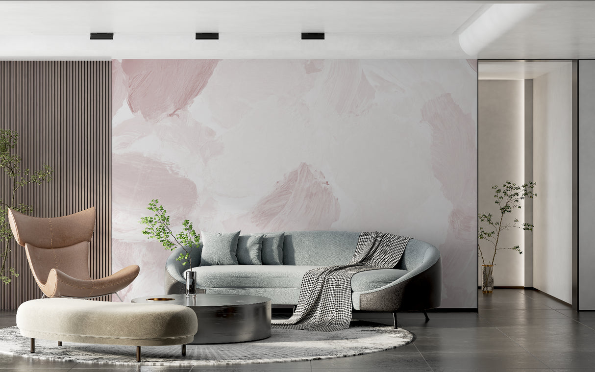 Abstract pink watercolor mural in a home office space, bringing artistic flair to the workspace