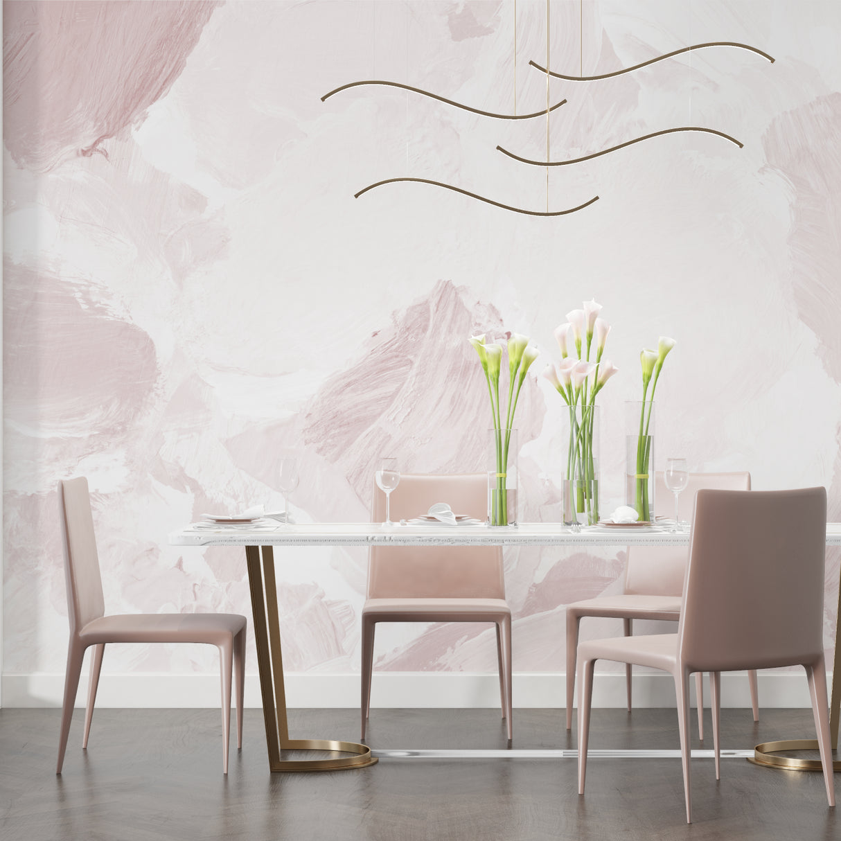 Pink brush stroke wallpaper in a dining room, creating an elegant backdrop for entertaining