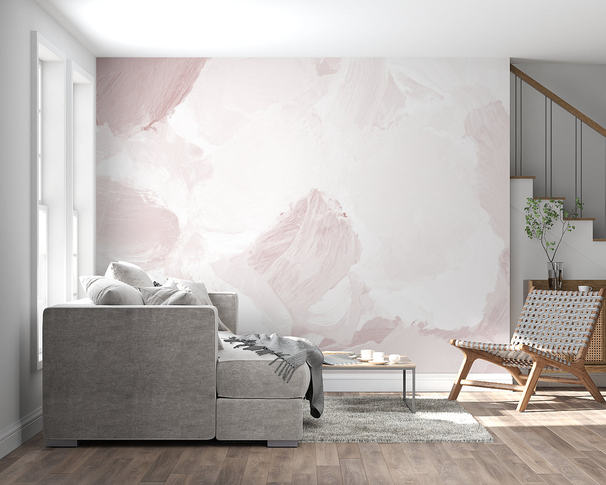 Watercolor abstract wallpaper in a nursery, adding soft pink tones to create a dreamy atmosphere
