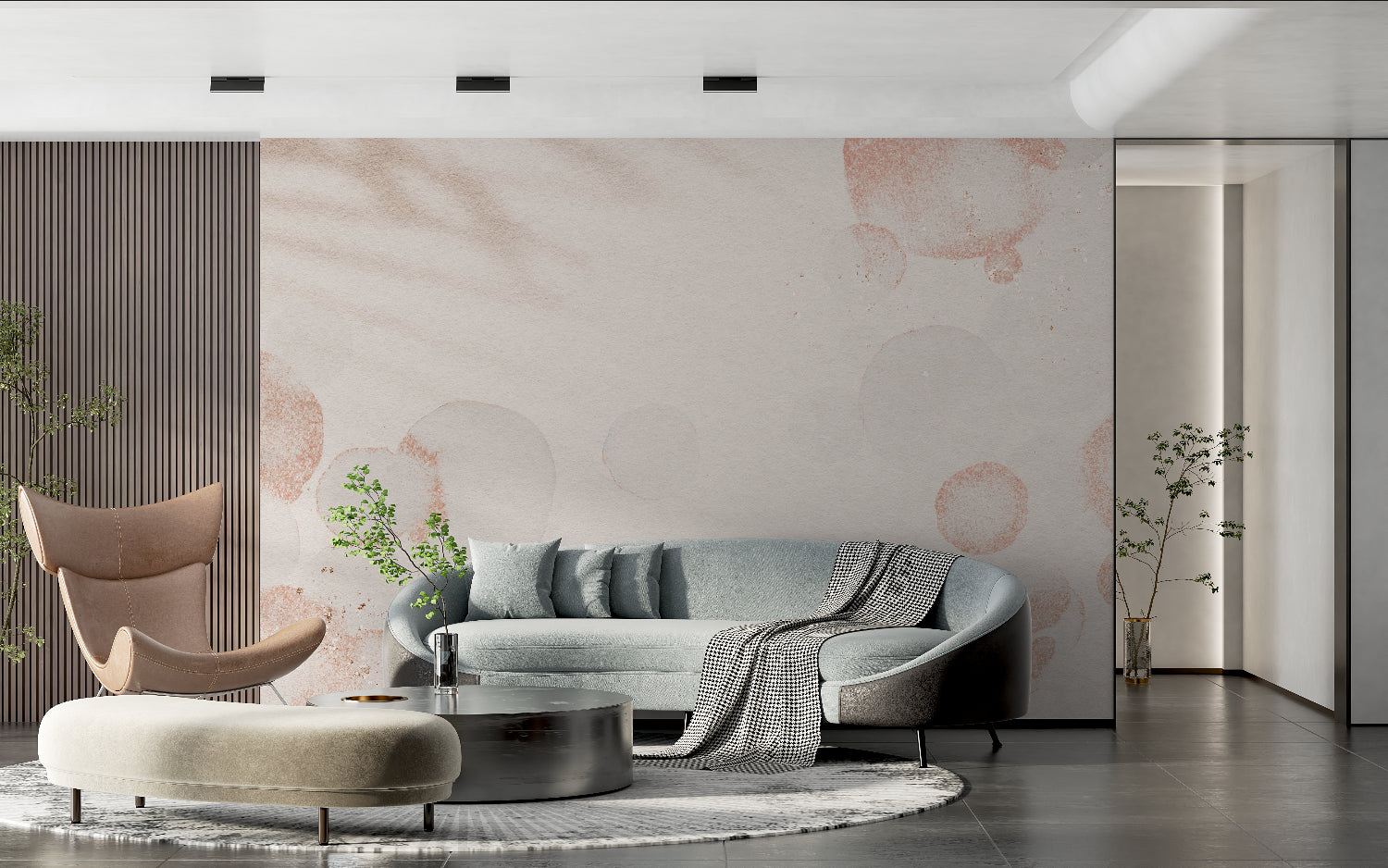 Abstract terracotta circular wallpaper in a bright modern living room with minimal furniture
