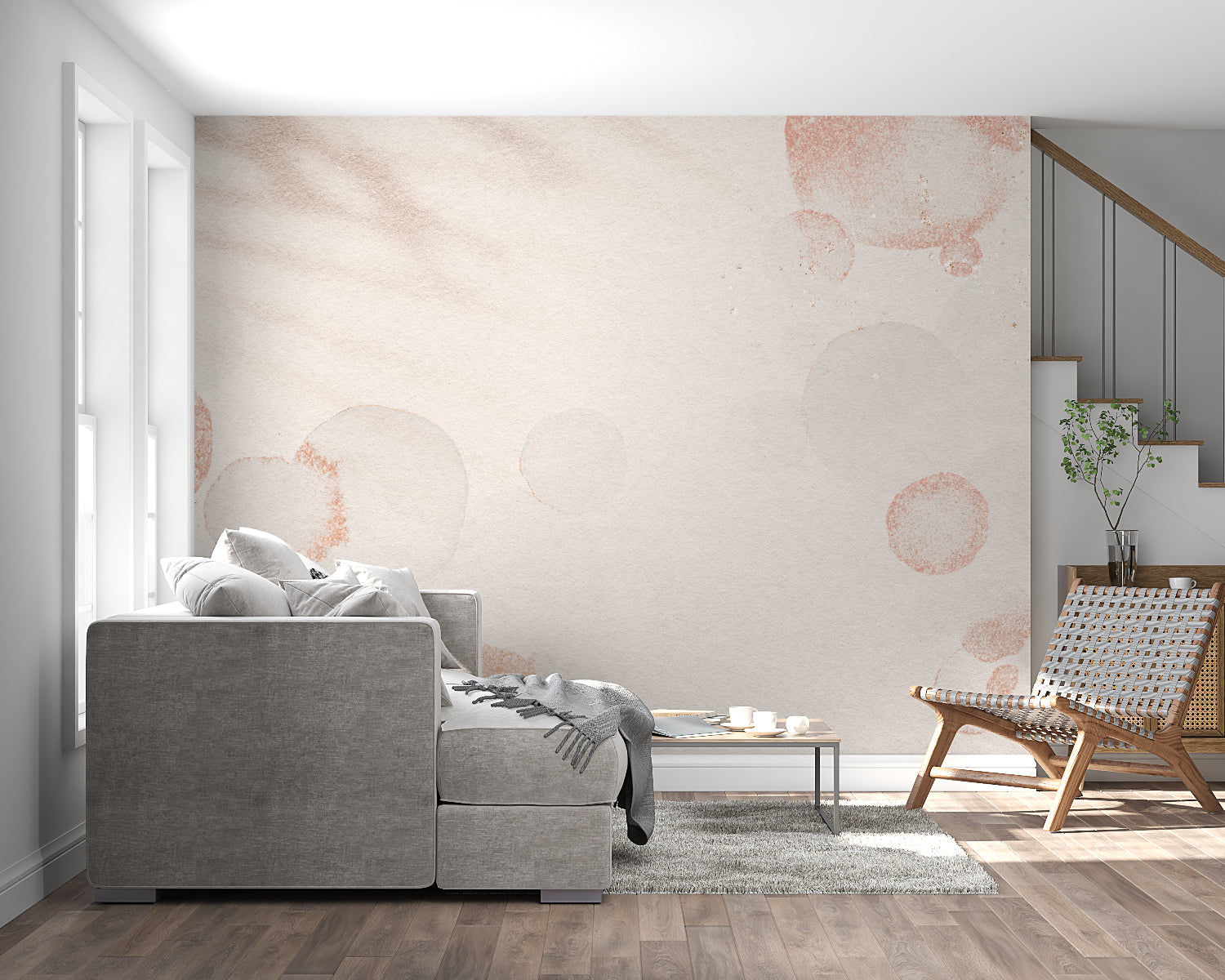 Circular pattern wall mural in a cozy bedroom setting with natural light