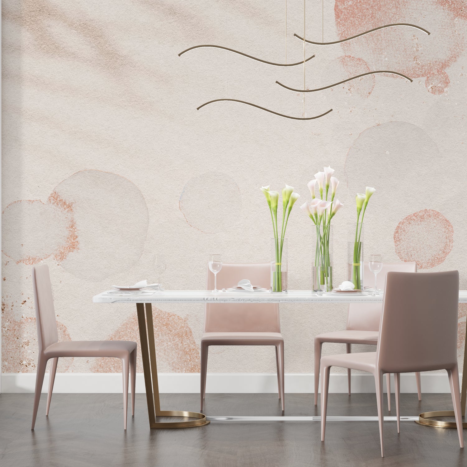 Modern circular wallpaper adding warmth to a dining room