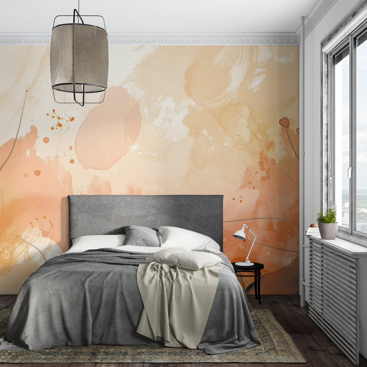 Abstract watercolor wallpaper in soft terracotta tones creating a calm atmosphere in a modern living room setting