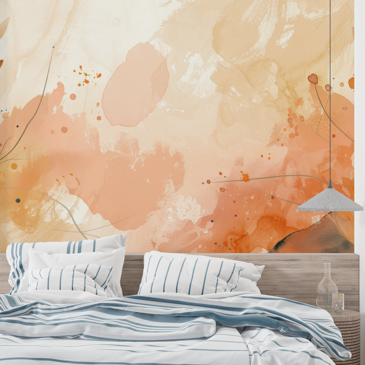 Terracotta abstract wall mural bringing warmth to a minimalist bedroom interior
