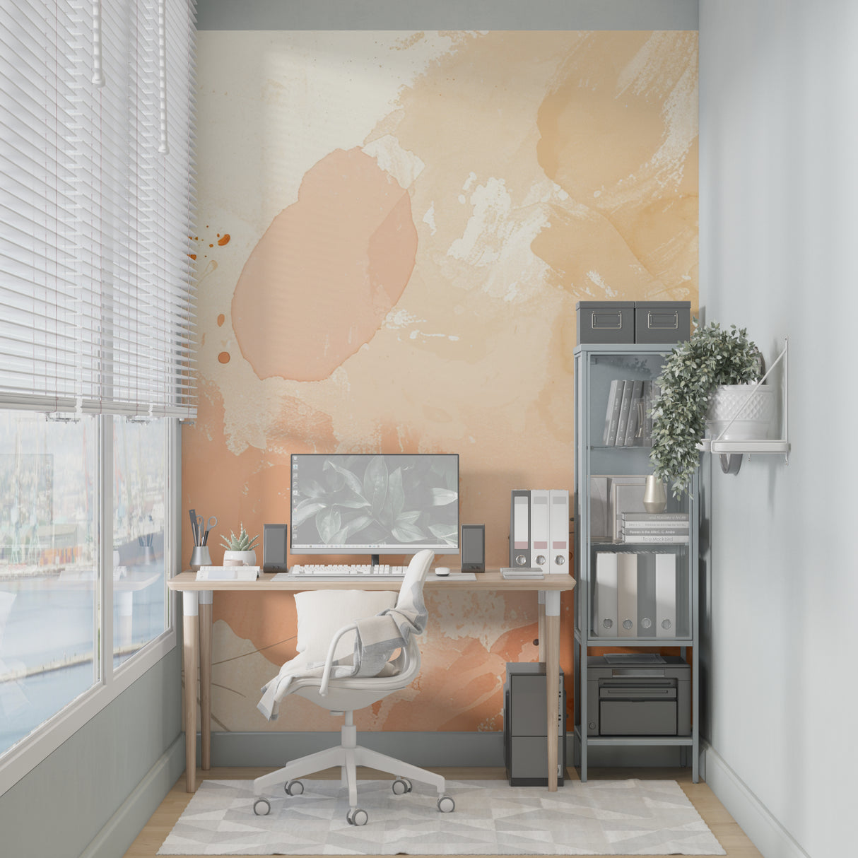 Watercolor wall mural in terracotta shades adorning a contemporary dining room wall