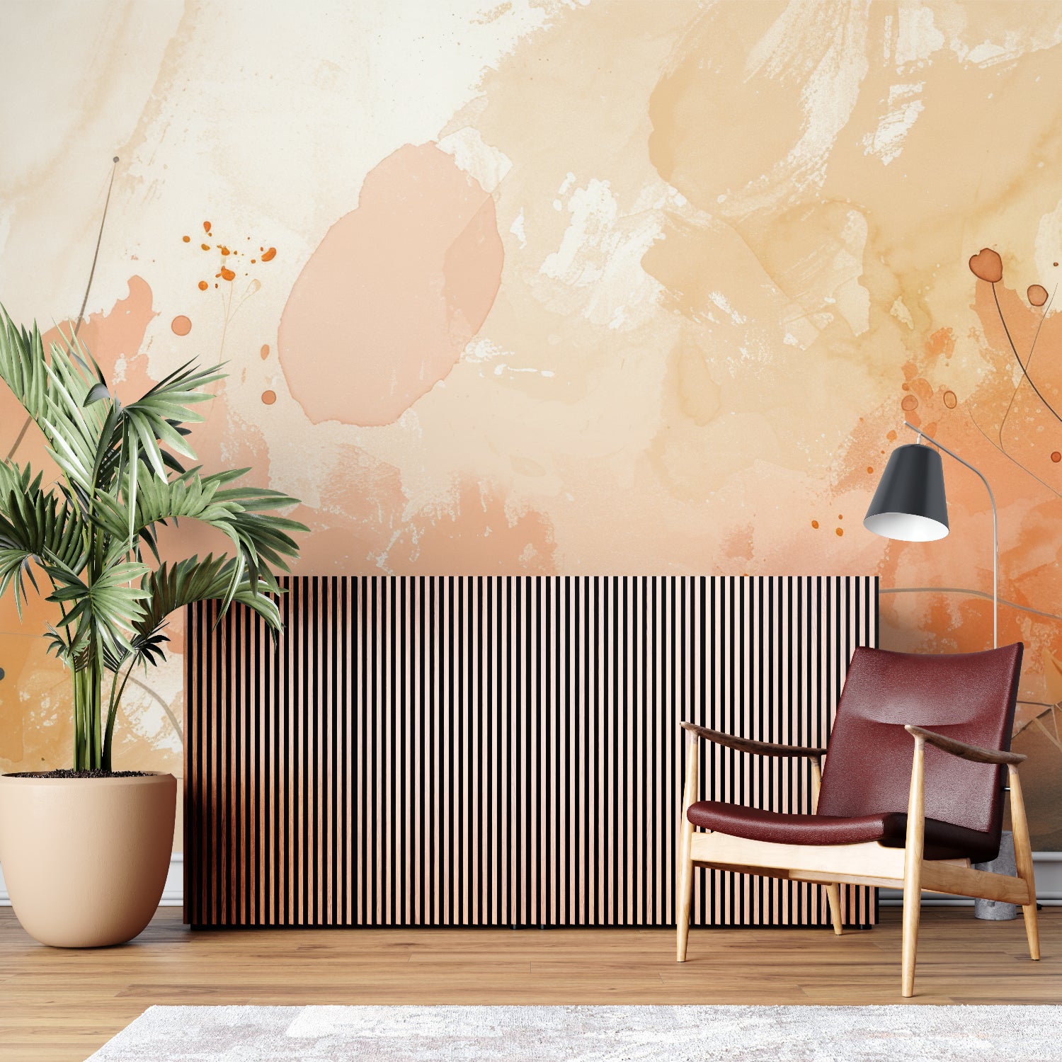 Modern abstract wallpaper creating a soft backdrop in a home office space