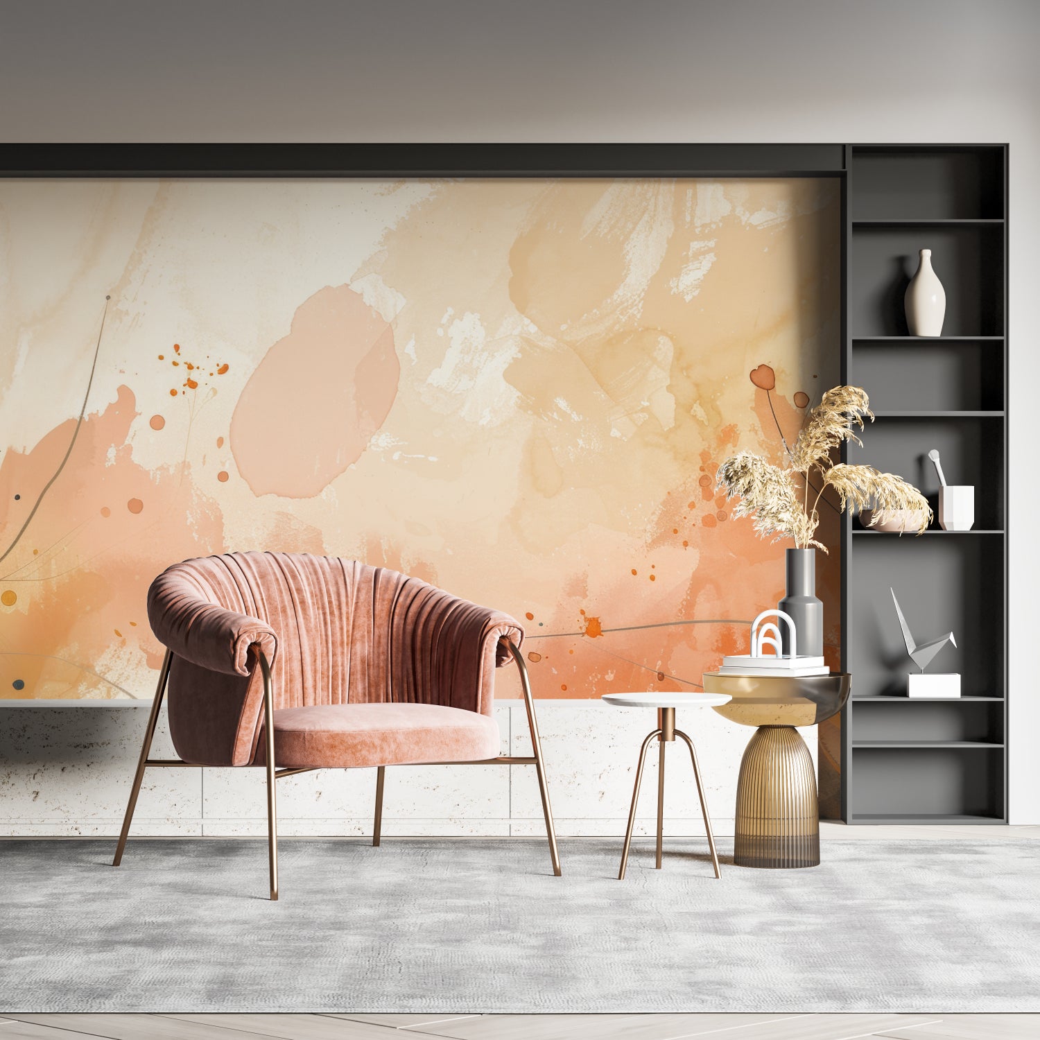 Terracotta watercolor mural adding warmth to an entrance hallway