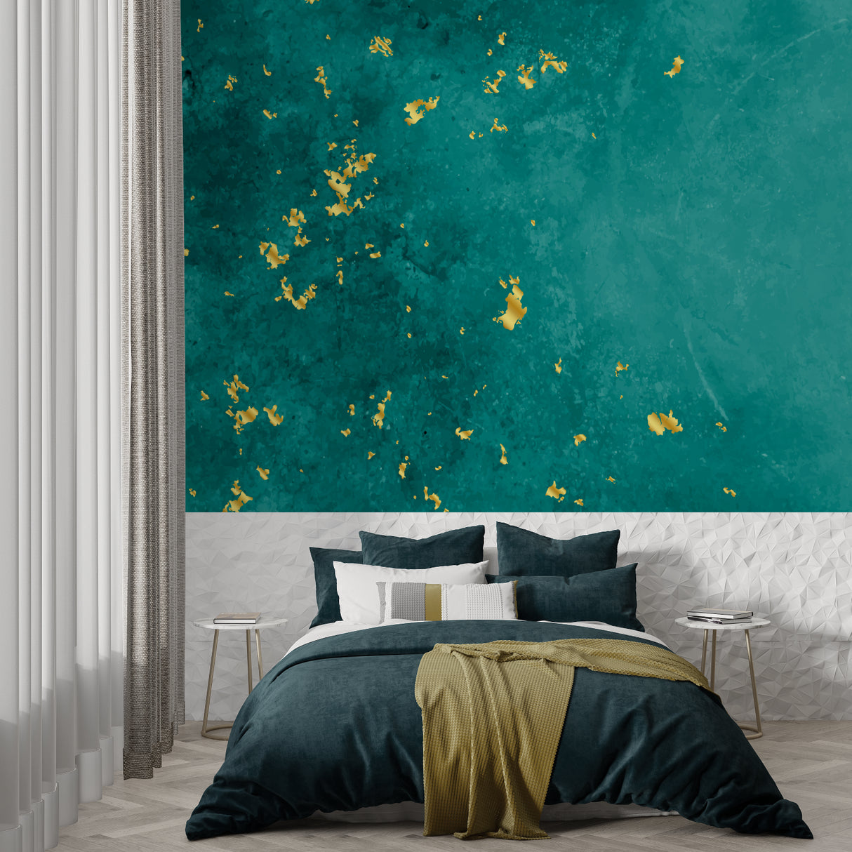 Teal and gold abstract wallpaper in modern living room with grey sofa and natural light