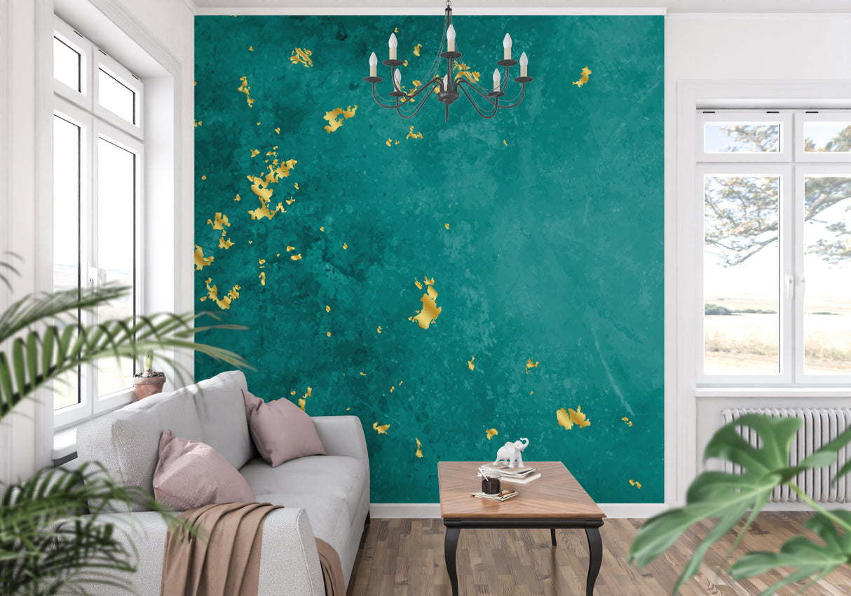 Luxury abstract wall mural in master bedroom with golden accents