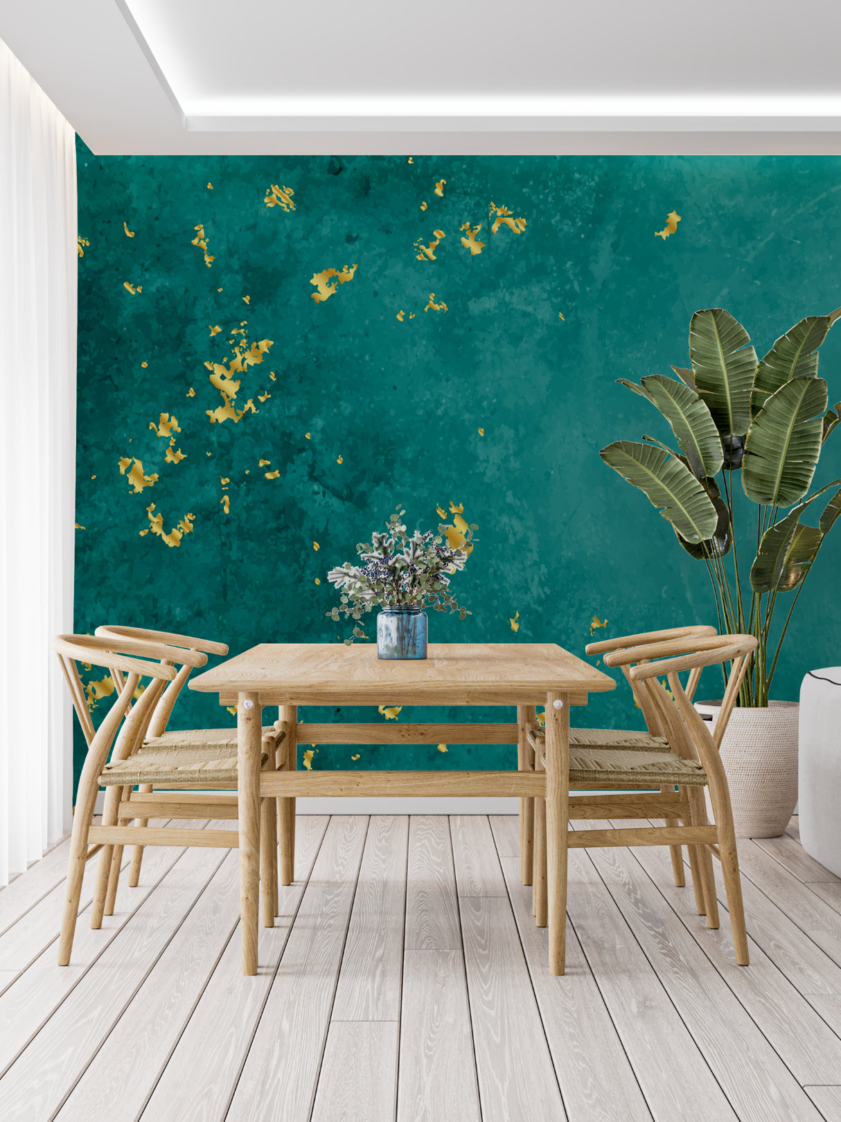 Abstract teal and gold wallpaper in home office with minimal furniture