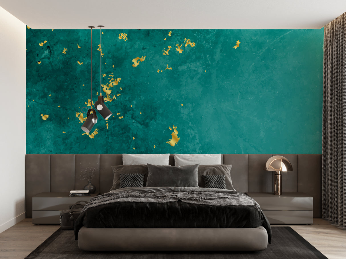 Modern abstract wall design in dining room with pendant lights