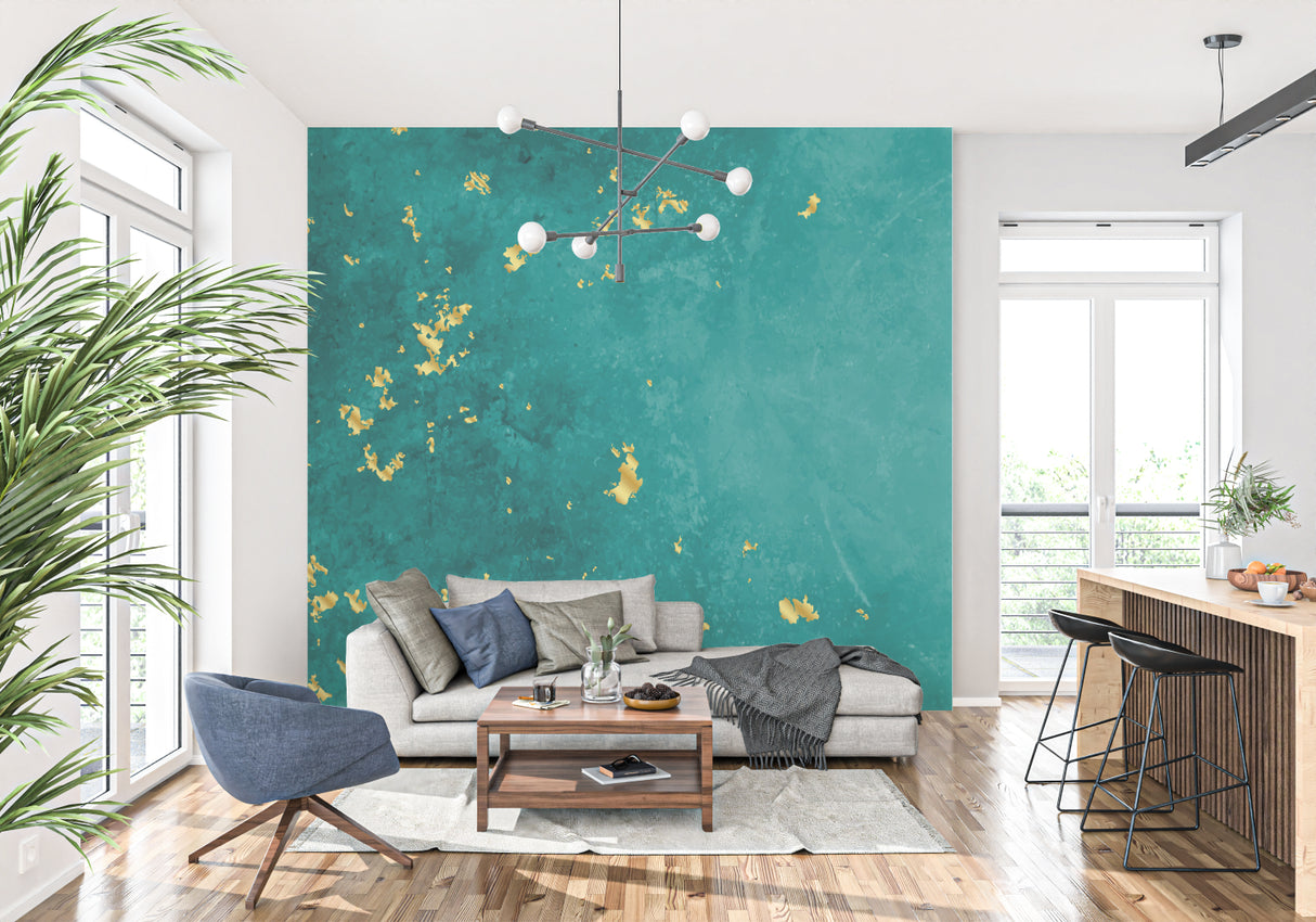 Teal gold pattern wallpaper in entrance hall with modern decor