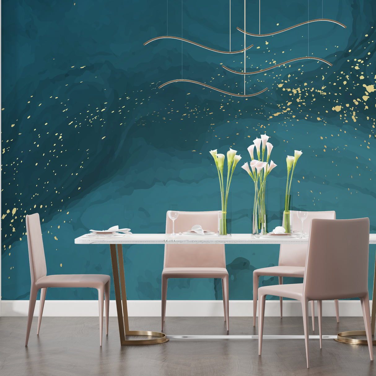 Teal and gold abstract wallpaper in modern living room with grey sofa and minimal decor