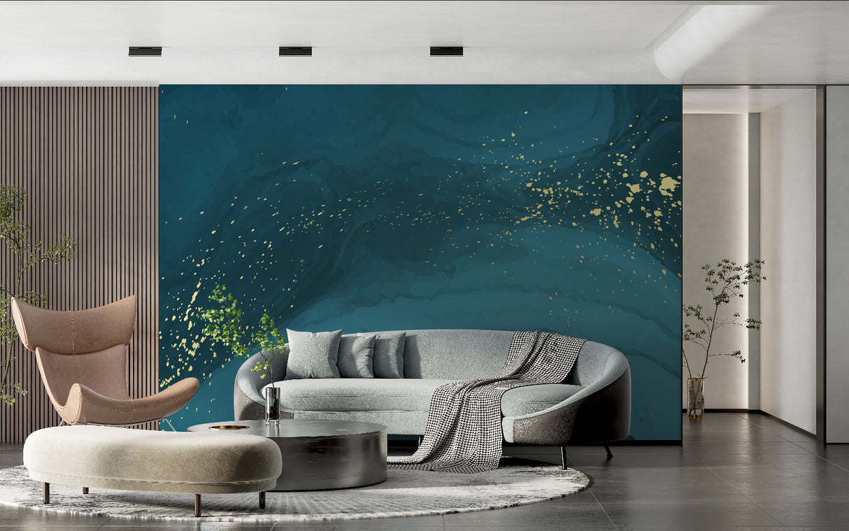 Abstract teal gold wall mural in contemporary dining room with pendant lights