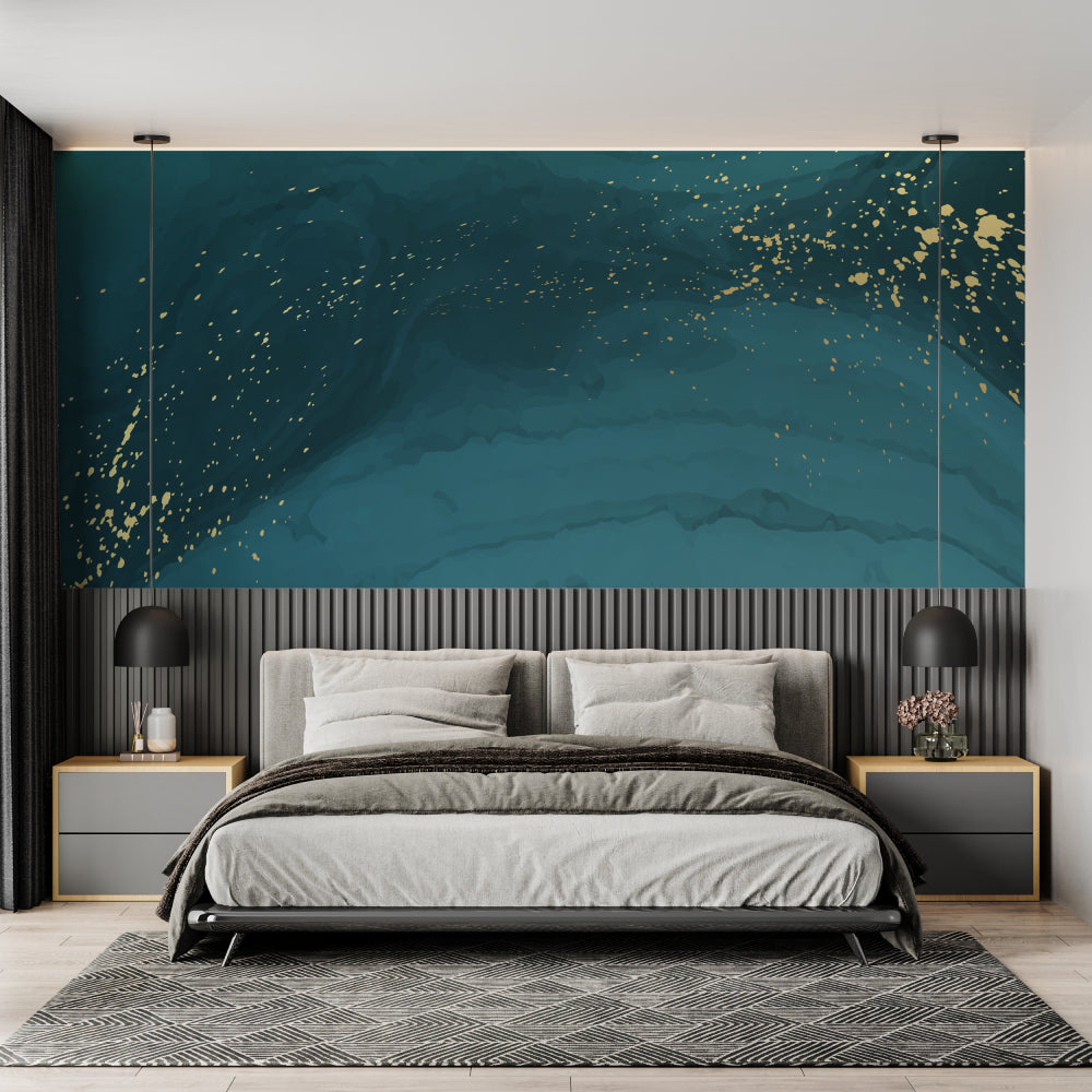 Modern abstract wall mural in home office featuring teal and metallic gold design
