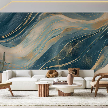 Abstract teal and gold wave wallpaper creating a stunning focal point in a modern living room with clean-lined furniture
