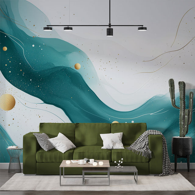 Modern abstract teal and gold wallpaper mural styled in a bright contemporary living room with minimal furniture