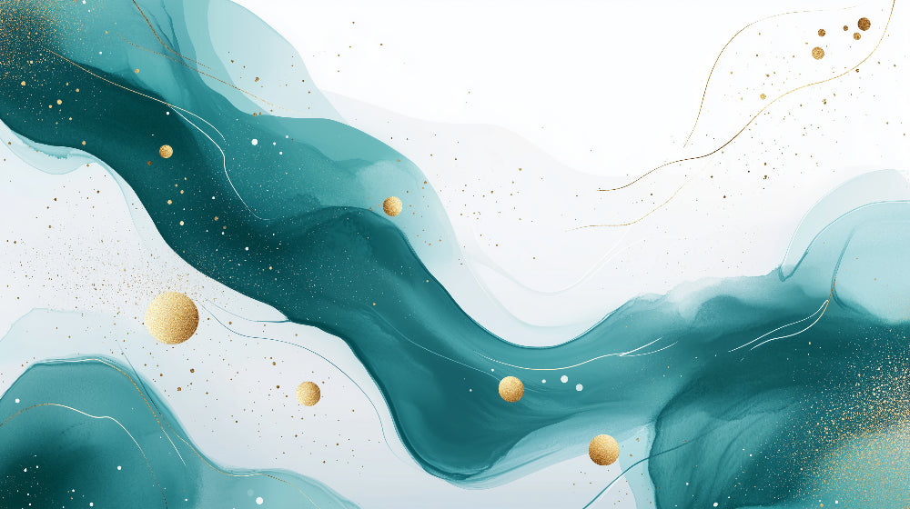 Teal waves and golden spheres abstract wallpaper design file showing intricate pattern details