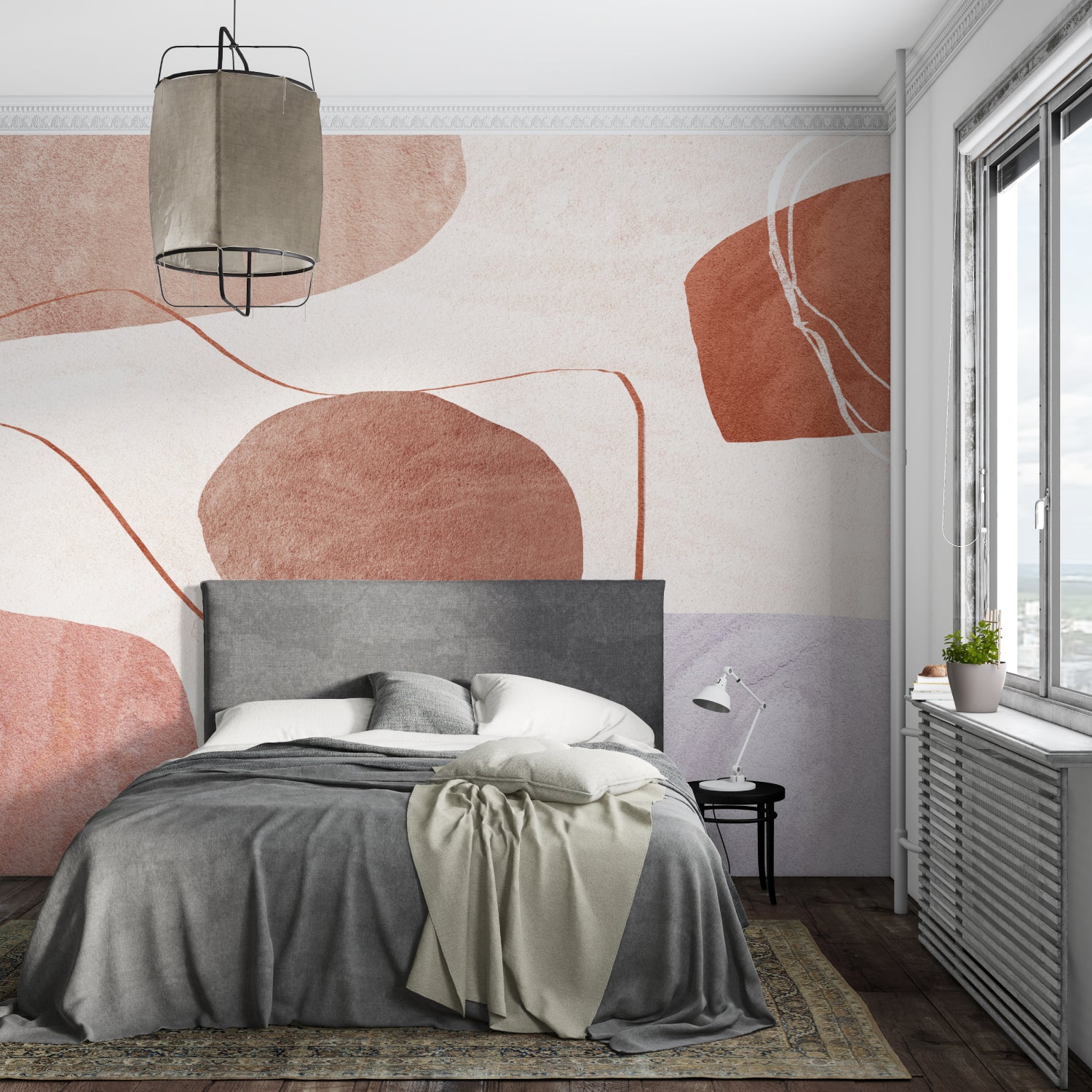 Abstract wall mural creating focal point in contemporary bedroom