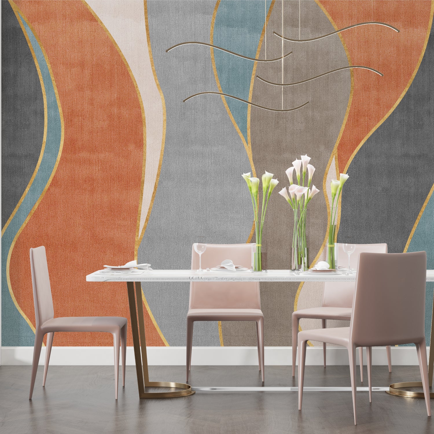 Modern abstract wave wallpaper with gold lines in a bright living room setting