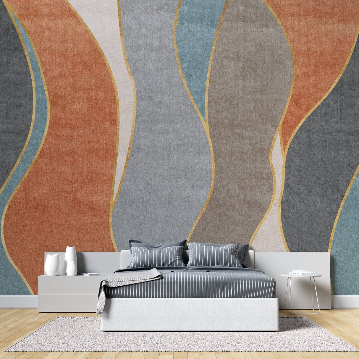 Terracotta and blue wave wallpaper creating ambiance in a dining room