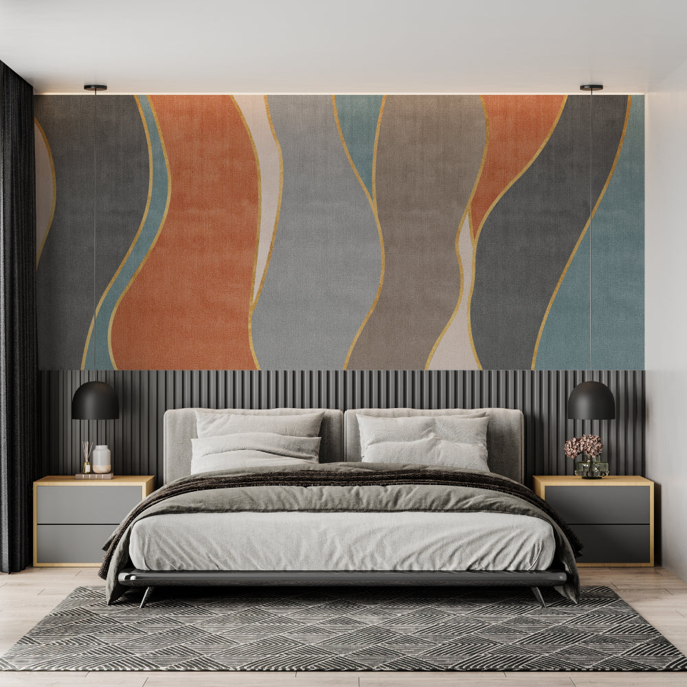 Abstract gold line wallpaper in a modern bedroom interior