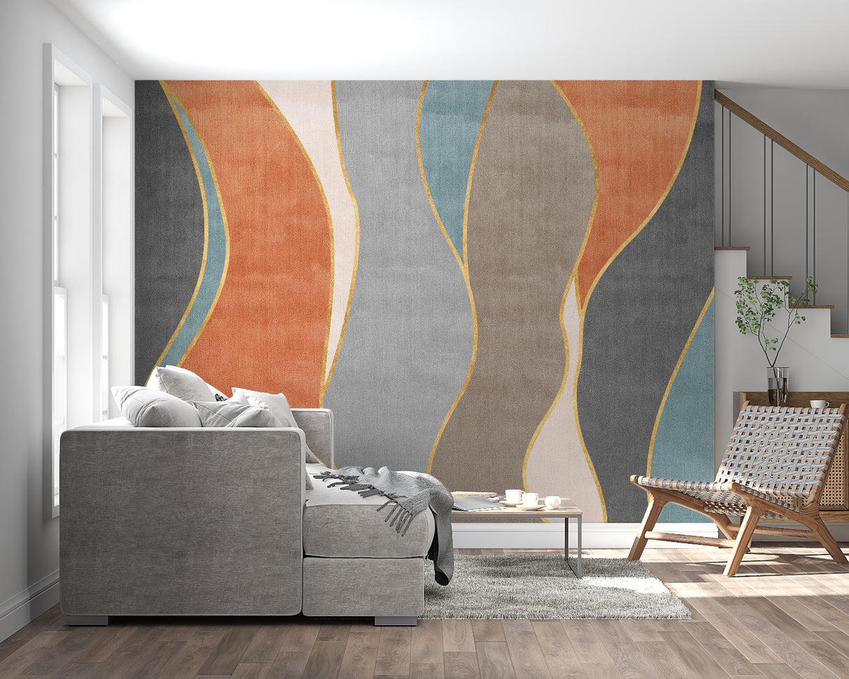 Wave pattern wallpaper with gold accents in a home office setting