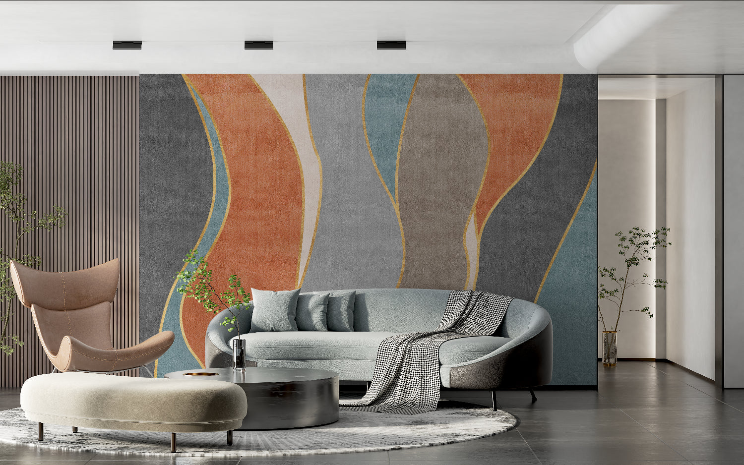 Abstract wave mural creating flow in an entrance hallway