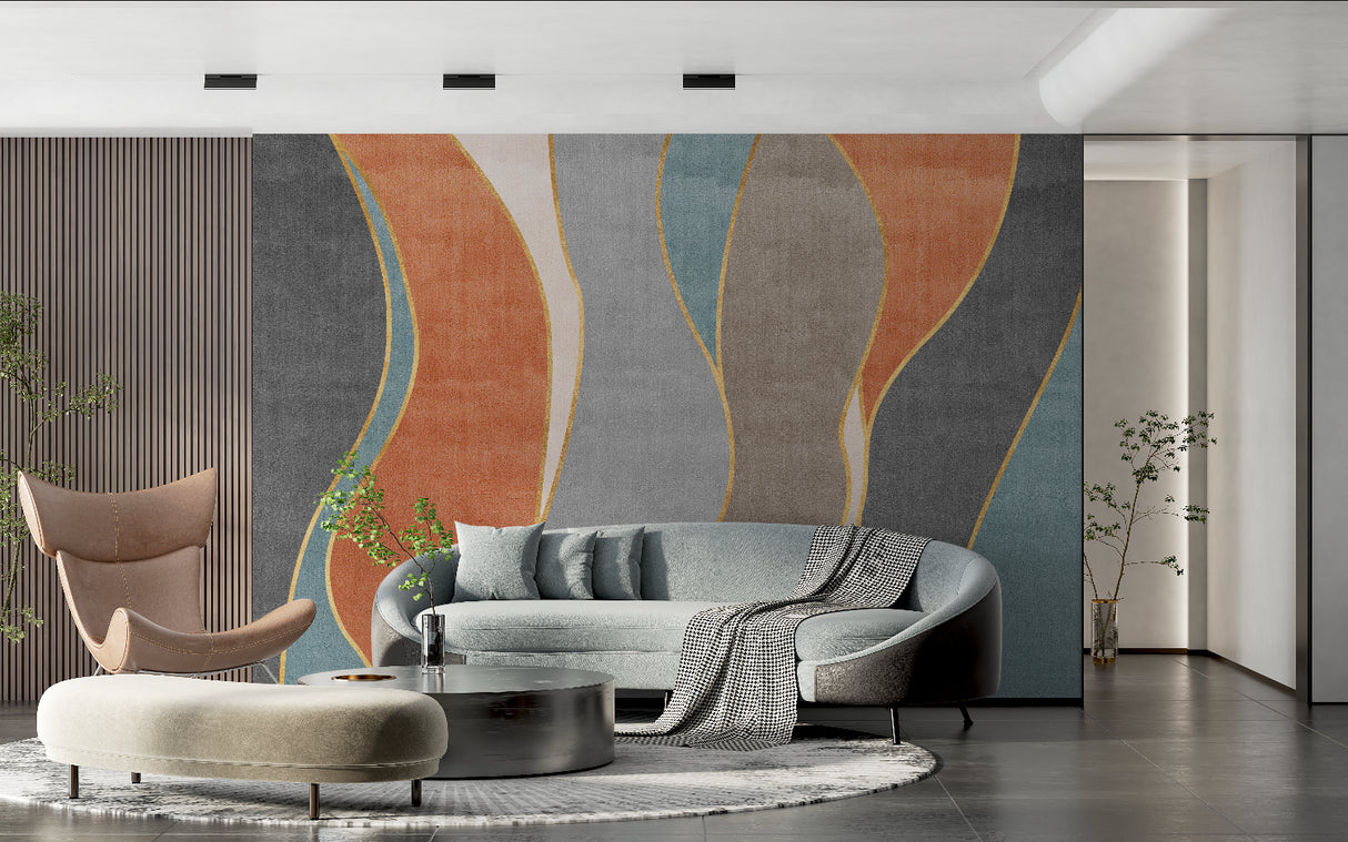 Modern hallway showcasing abstract wave mural with gold details and warm colors