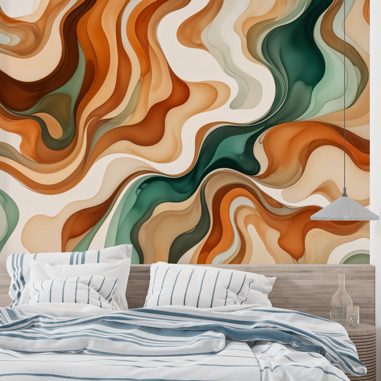 Abstract wave wallpaper in modern living room, terracotta and emerald tones create flowing movement against grey sofa