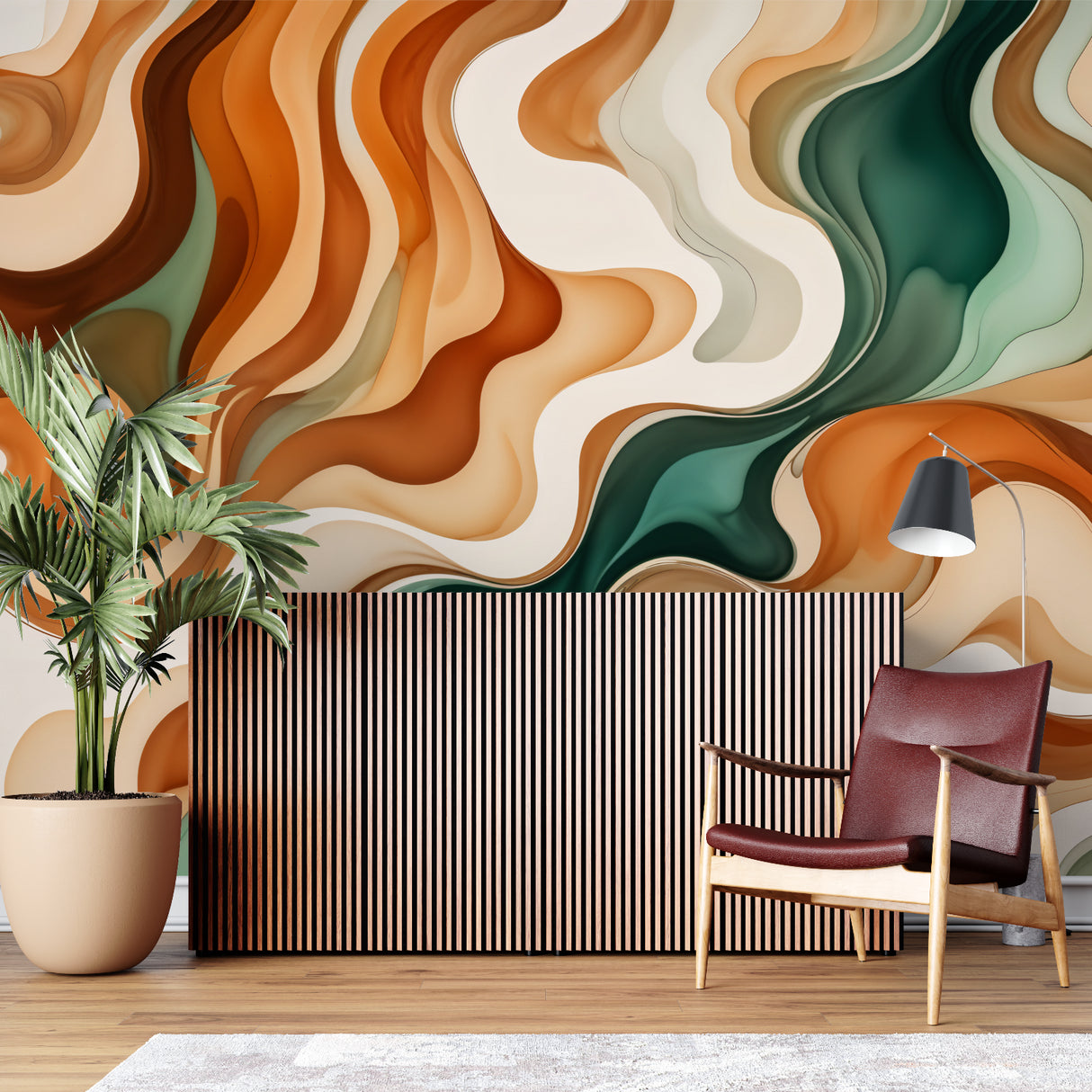 Home office featuring abstract wave mural, emerald and terracotta curves complement wooden desk setup