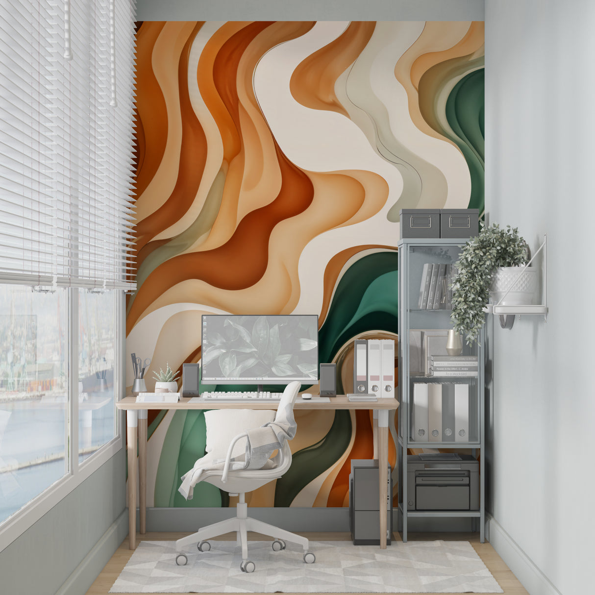 Dining room with abstract wave wallpaper, warm terracotta tones enhance natural lighting