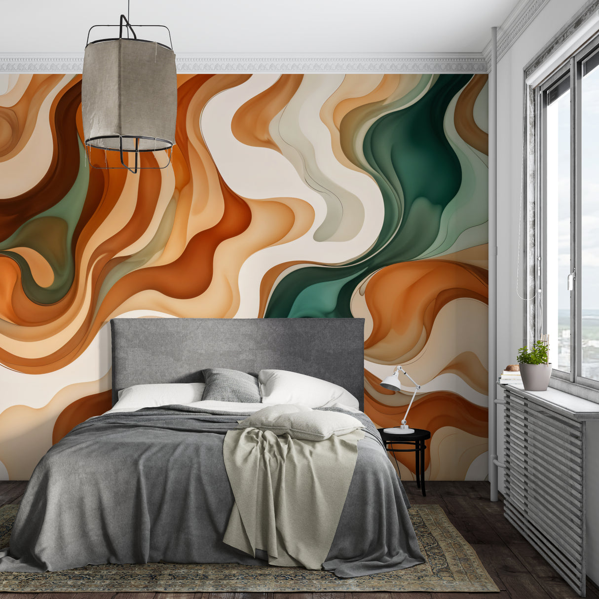 Master bedroom showcasing emerald and terracotta wave mural, creating peaceful flowing atmosphere
