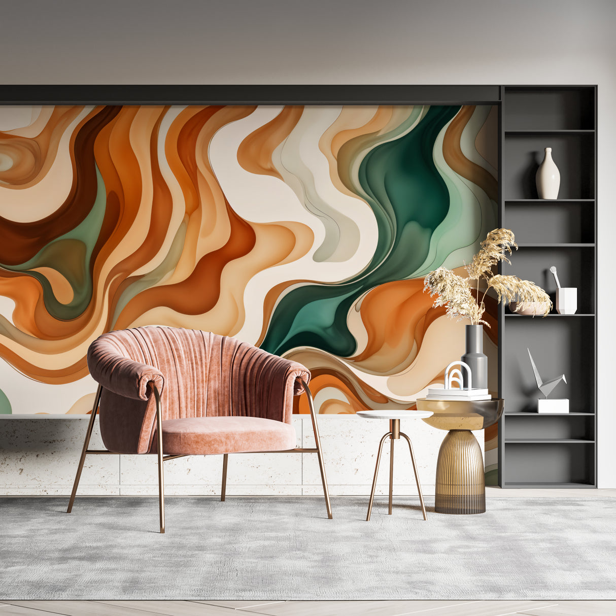Abstract wave pattern in hotel lobby, dramatic emerald and terracotta curves make bold statement