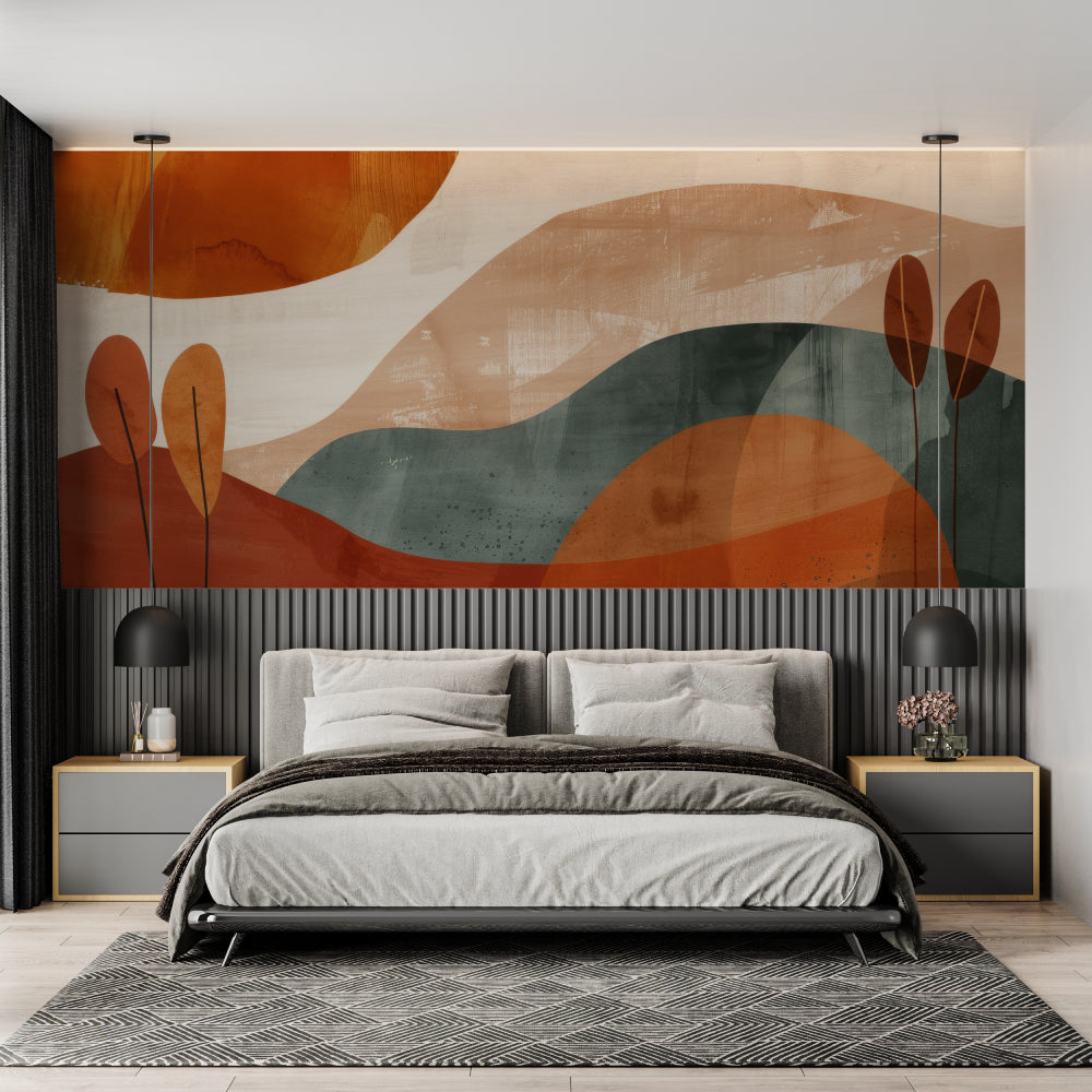 Abstract landscape wallpaper in modern living room showing terracotta and forest green tones creating depth